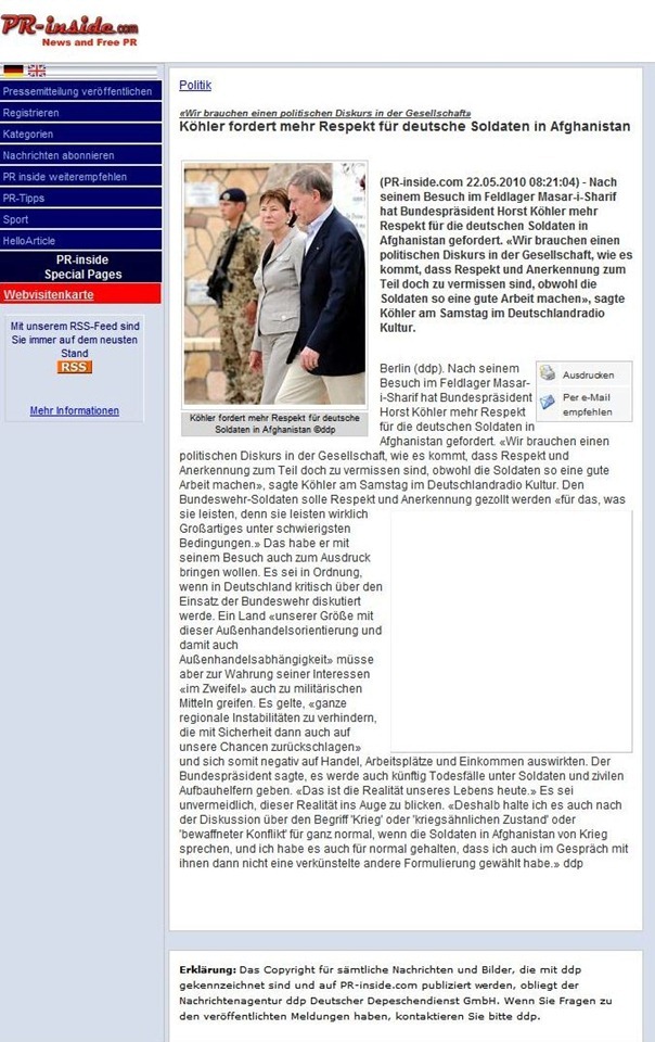 Screenshot: pr-inside.com - Original: Köhler fordert mehr Respekt für deutsche Soldaten in Afghanistan