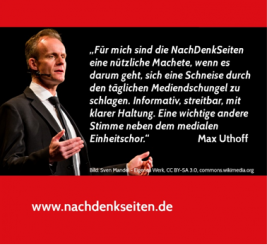 Je mehr Menschen NachDenkSeiten lesen, desto öfter treffen Sie auf aufgeklärte und meist freundliche Mitmenschen. Wir bitten deshalb um Verteilung eines Flyers.