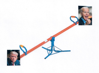 Trump und Biden auf der Wippschaukel – je tiefer T, desto höher B