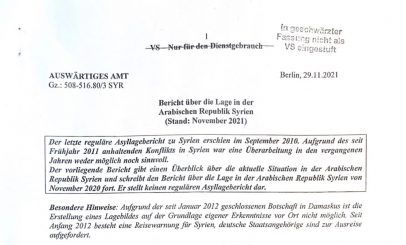 „Vor Reisen nach Syrien wird gewarnt. Alle Deutschen, die das Land noch nicht verlassen haben, werden zur Ausreise aus Syrien aufgefordert.“
