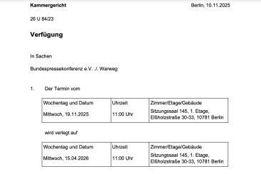 Berliner Kammergericht verschiebt kurzfristig Termin in der Causa „Bundespressekonferenz gegen Warweg“ auf den 15. April 2026